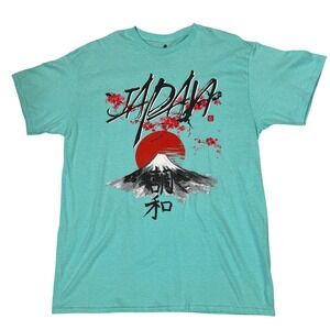 Launder Japan Graphic T-Shirt Mens Large Teal Mt Fuji Cherry Blossom Cotton Tee